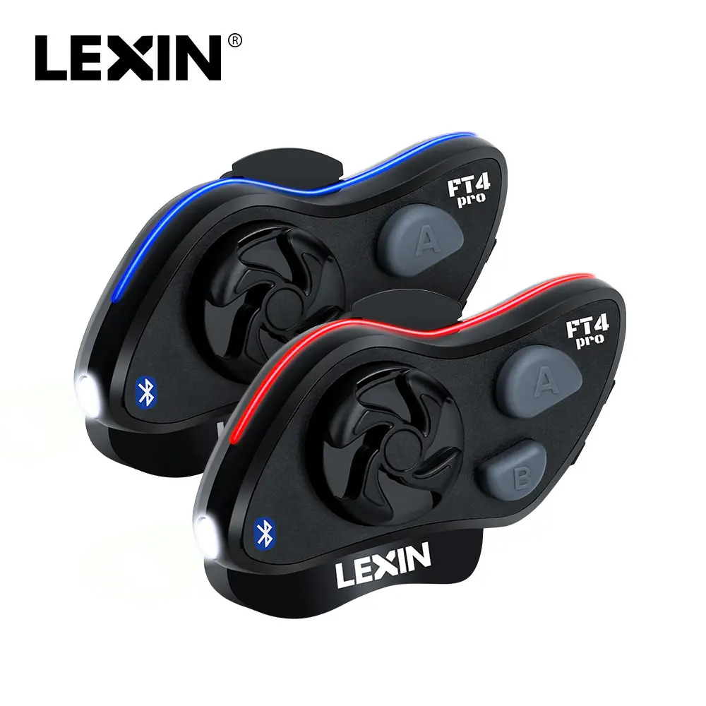 LEXIN NEW 2PCS FT4 PRO Bluetooth 4 Way Conference Motorcycle Intercom with Hands-Free Utility Headlamp Headsets