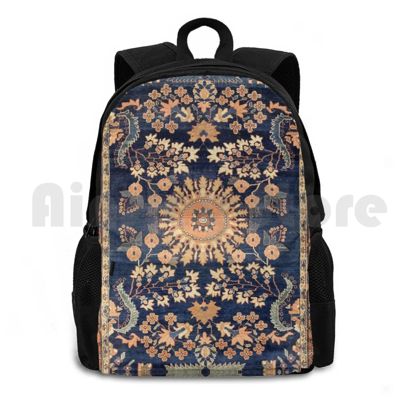 Sarouk Persian Floral Rug Print Outdoor Hiking Backpack Waterproof Camping Travel Vintage Vintage Rug Carpet Persian Tribal