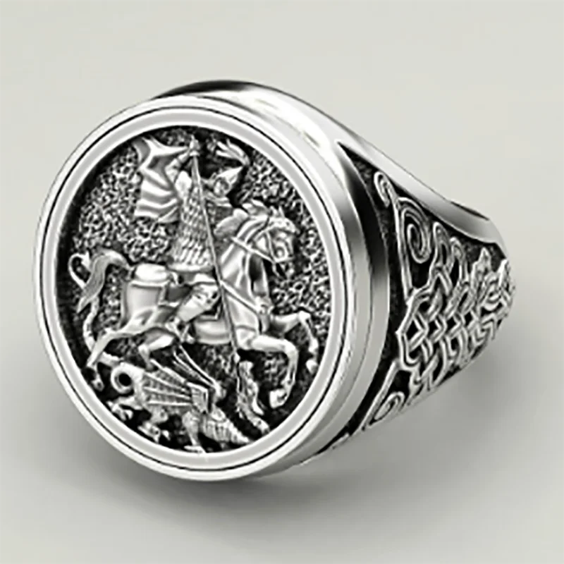 Punkboy Unique Men\'s Domineering Knight Horse Dragon Craved Geometric Pattern Metal Ring for Party Jewelry Size 6-13