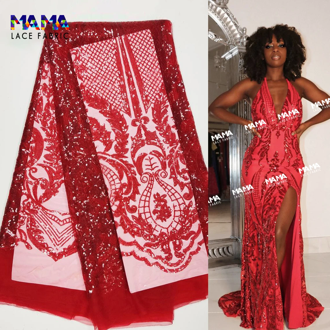 5 Yards Bright Red 2021 High Quality African Sequins Mesh Net Lace Fabrics Sequined Tulle For Guinea Women Wedding Material