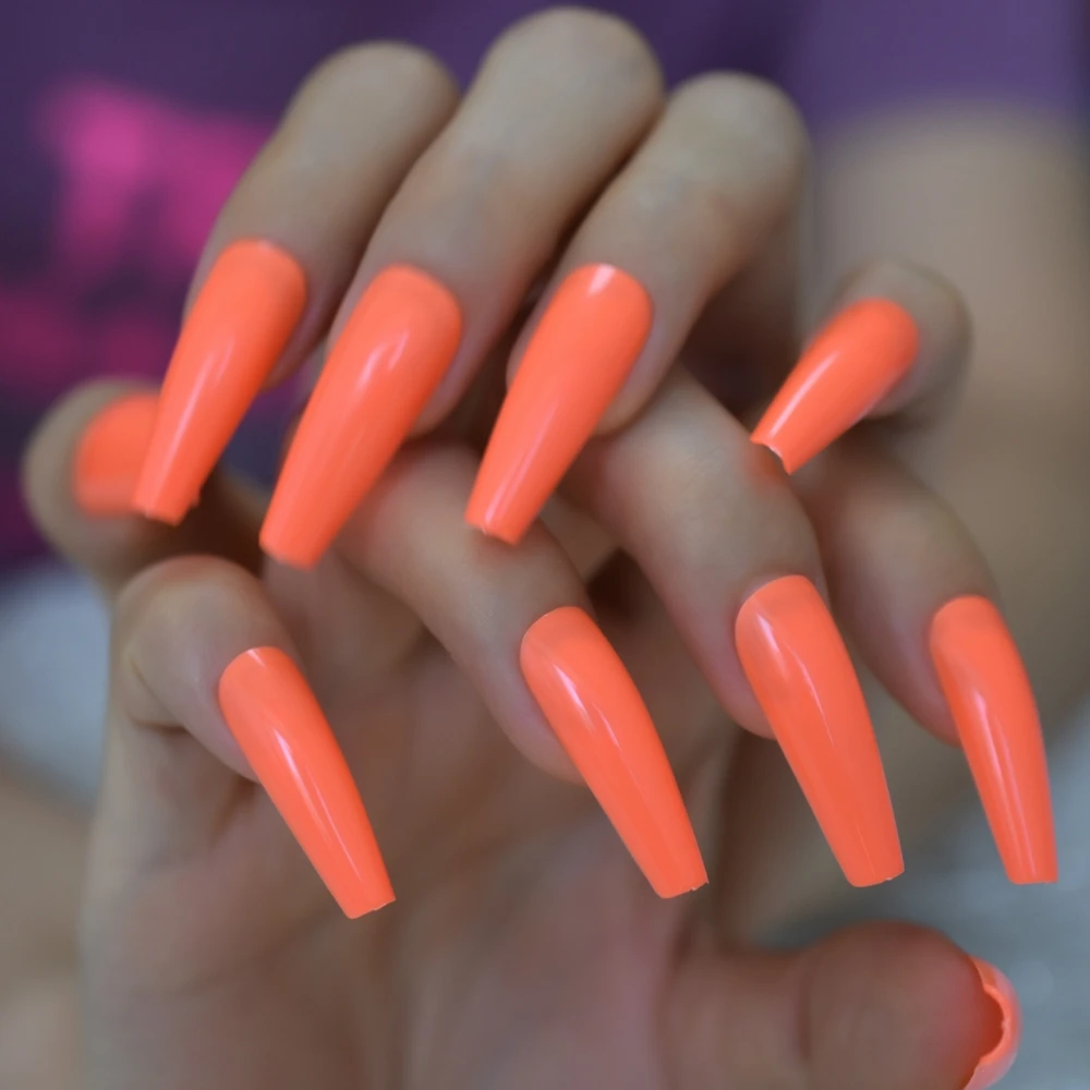 24pcs Orange Coffin False Nail Extra Long Full Cover Sculpted Ballerina Acrylic Fake Nails Fingernail Tips Manicure Charms