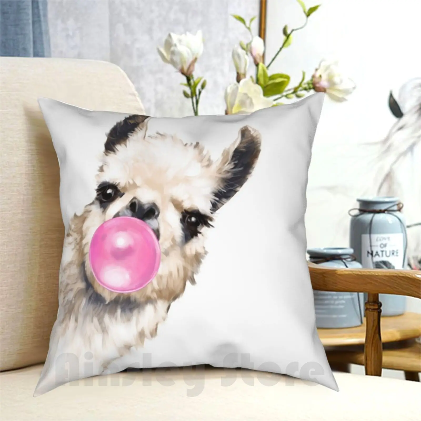 

Sneaky Llama With Bubble Gum Pillow Case Printed Home Soft DIY Pillow Cover Llama Animal Animals Pet Farm Blowing Chewing