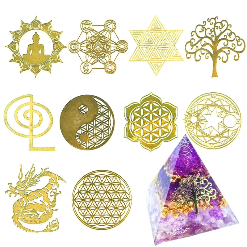 10 Pcs DIY 7 Chakra Copper Energy Tower Orgonite Sticker Flower Life Tree Pyramid Decor Epoxy Resin Fillings Resin Crafts