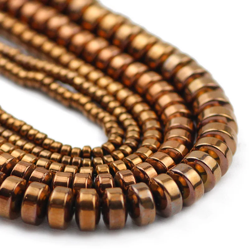 فواصل حجرية مستديرة من الهيماتيت الطبيعي لصنع الحلي ، حبات سائبة ، أسطوانة مسطحة ، نحاسي أحمر ، إكسسوارات أساور تصنعها بنفسك ، 3 تقسم ، 4 ، 6 ، 8 #2