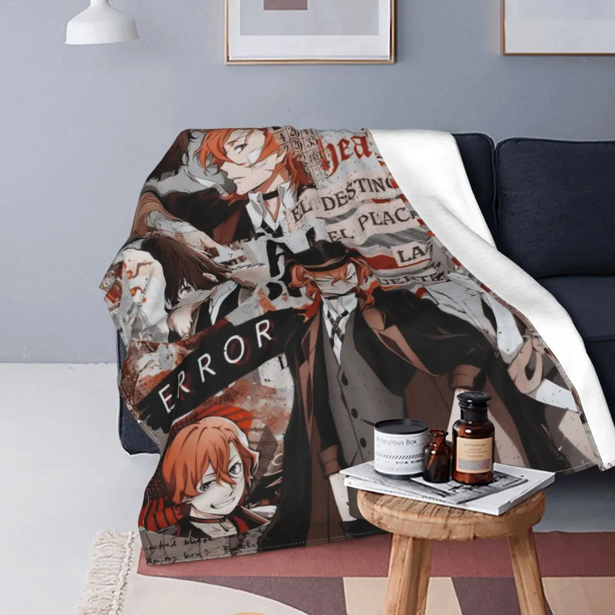 Chuuya Nakahara Collage Blankets Anime Flannel Novelty Warm Throw Blankets for Bedspread Spring Autumn