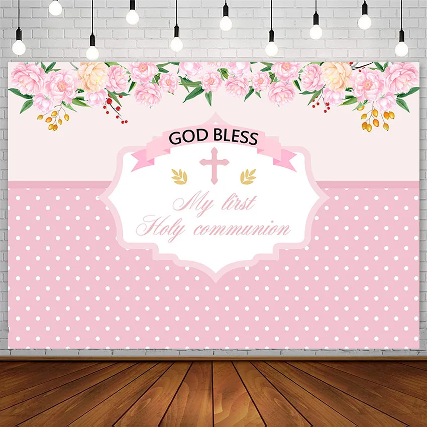 Avezano First Holy Communion Custom Backdrop God Bless Pink Decor Party Photo Photography Background Banner Photocall Photozone