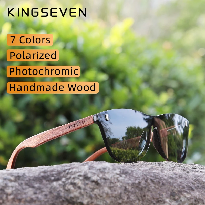 KINGSEVEN Photochromic Women's Glasses Natural Bubinga Wooden Sunglasses Men Polarized Sun Glasses Original Wood Oculos de sol