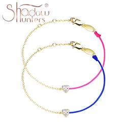 SHADOWHUNTERS Real Sterling Silver 925 Jewelry Thin Chain Bracelet Pink Line String With Little Heart Zircon Blue Rope For Women