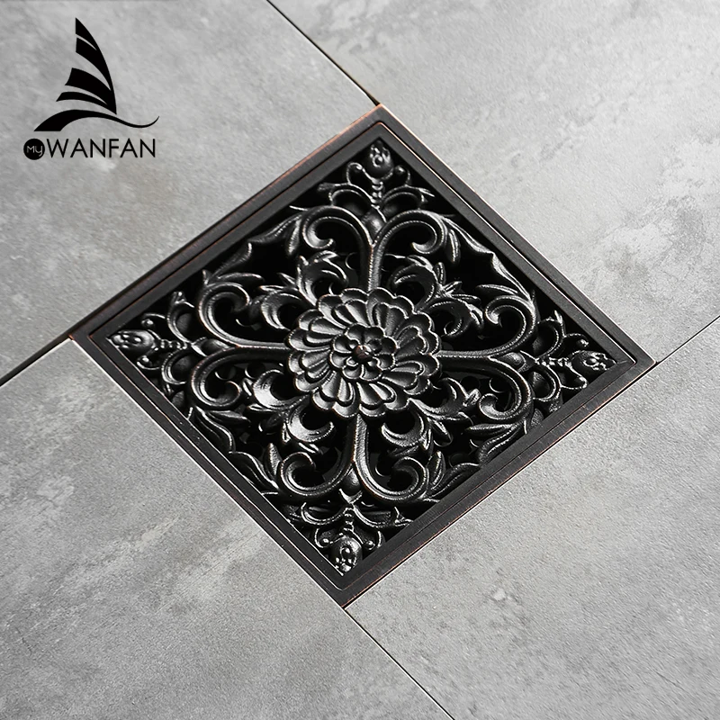 Drain 10cm Square Black Brass Shower Drain Strainer Floor Cover Art Carved Balcony Bathroom Bath Accessories Grate Waste SY-078R