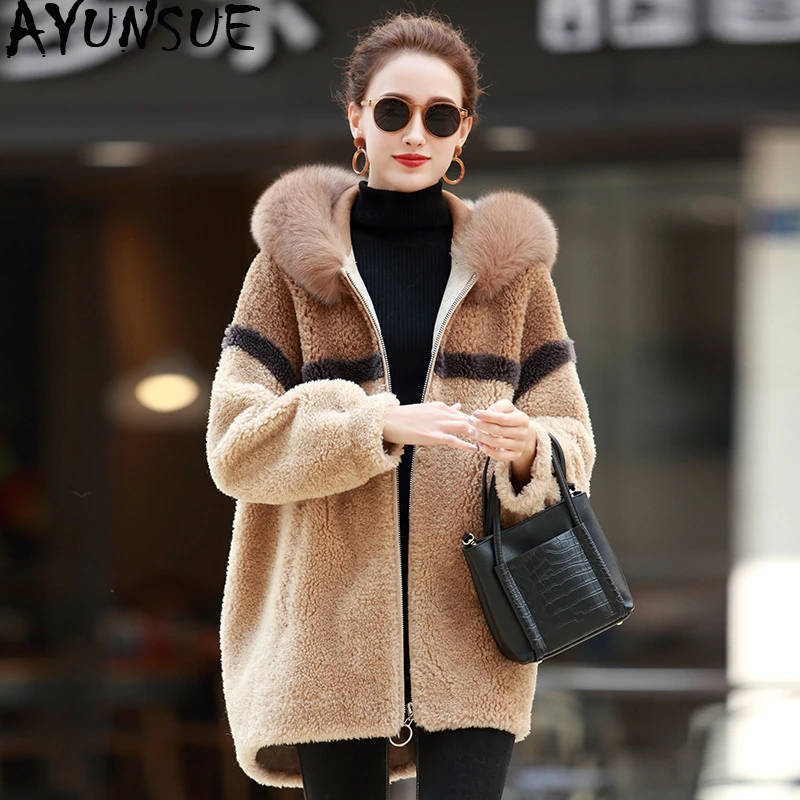 Real Fur Coat Female Sheep Shearling Winter Jacket Women Fox Fur Collar Real Wool Coats Suede Lining Korean Outwear FA139 KJ