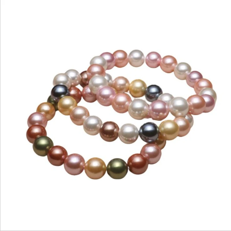 Hot 8 10mm Round Beads Fashion Multicolor Natural shell Tahitian black Multicolor south sea shell pearls Bracelet Elastic line