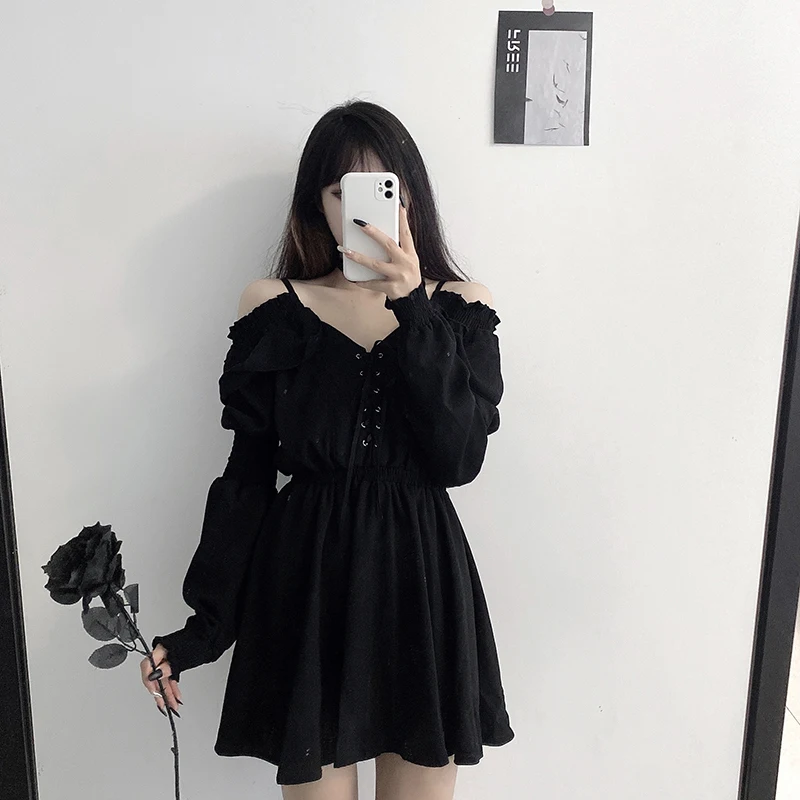 Women Dress M-4XL Lace Up Black Autumn 2024 Sexy High Waist Femme Dresses Off Shoulder Long Sleeve Gothic Clothes