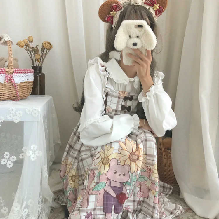 Kawaii Light Lolita dress giapponese Soft Girl Wind Cute Bear Girl Sling dolce abito senza maniche a vita alta