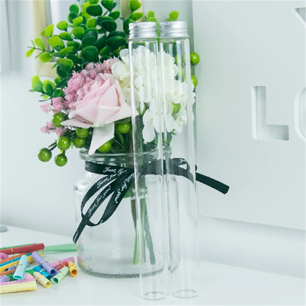 25x230mm Empty Glass Flat Base Bottles With Screw Cap Aluminum cover Long Glass Bottles Vials Stand 90CC Vase Jars 6pcs