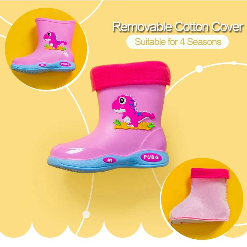 Water Shoes for Baby Girl Boy Shoes Waterproof Cute Rain Boots Kids PVC Rubber Dinosaur Pattern Rain Shoes with Removable Velvet