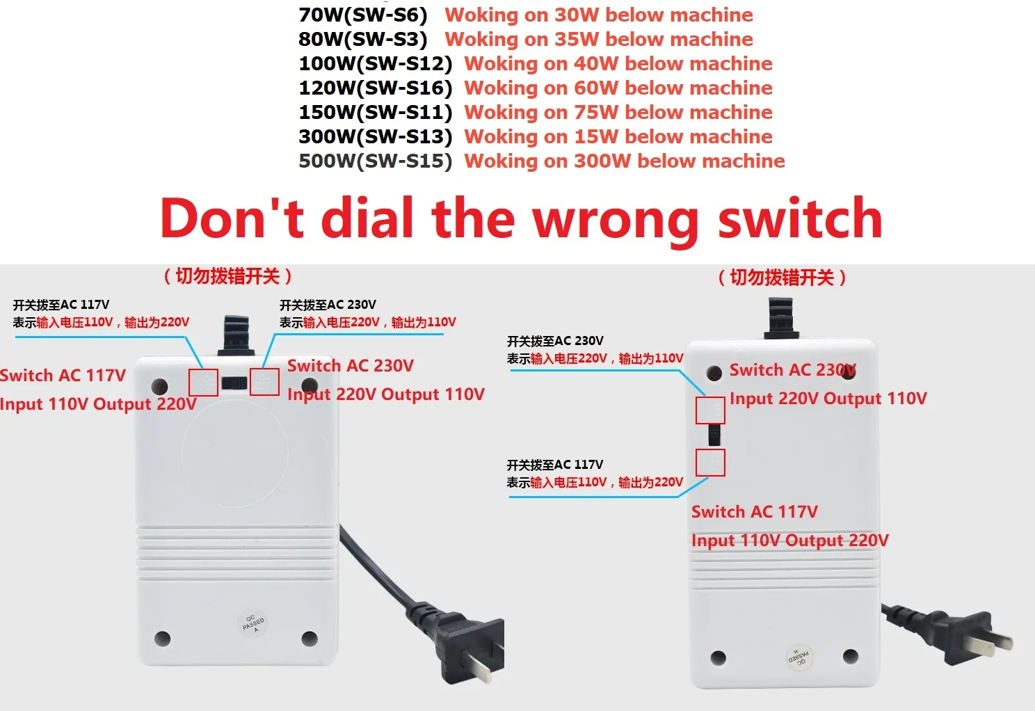 Imagem -02 - Transformador Sw-s3 Sw-s6 Sw-s11 Sw-s12 Sw-s13 Sw-s15 Sw-s16 220v a 110v 110v a 220v Passo para Baixo Conversor de Tensão