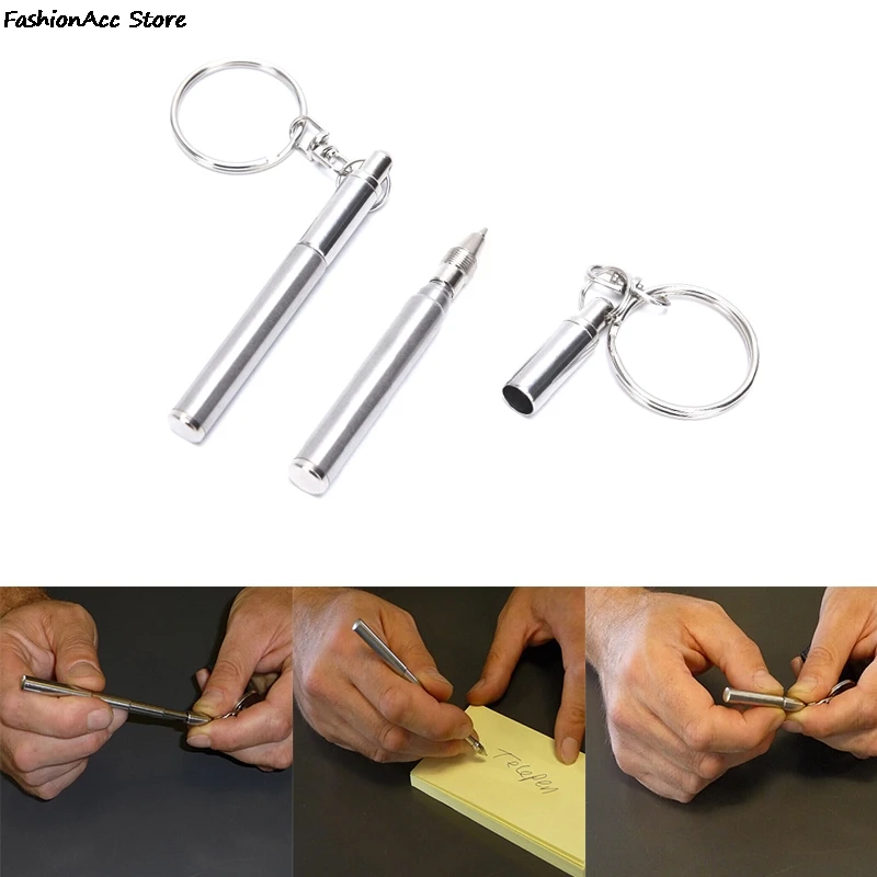 1PCS Ball Point Pen Keychain Multifunctional Mini Metal Key Ring Stainless Steel Telescopic Pen Keyring Telescoping Pen Tool