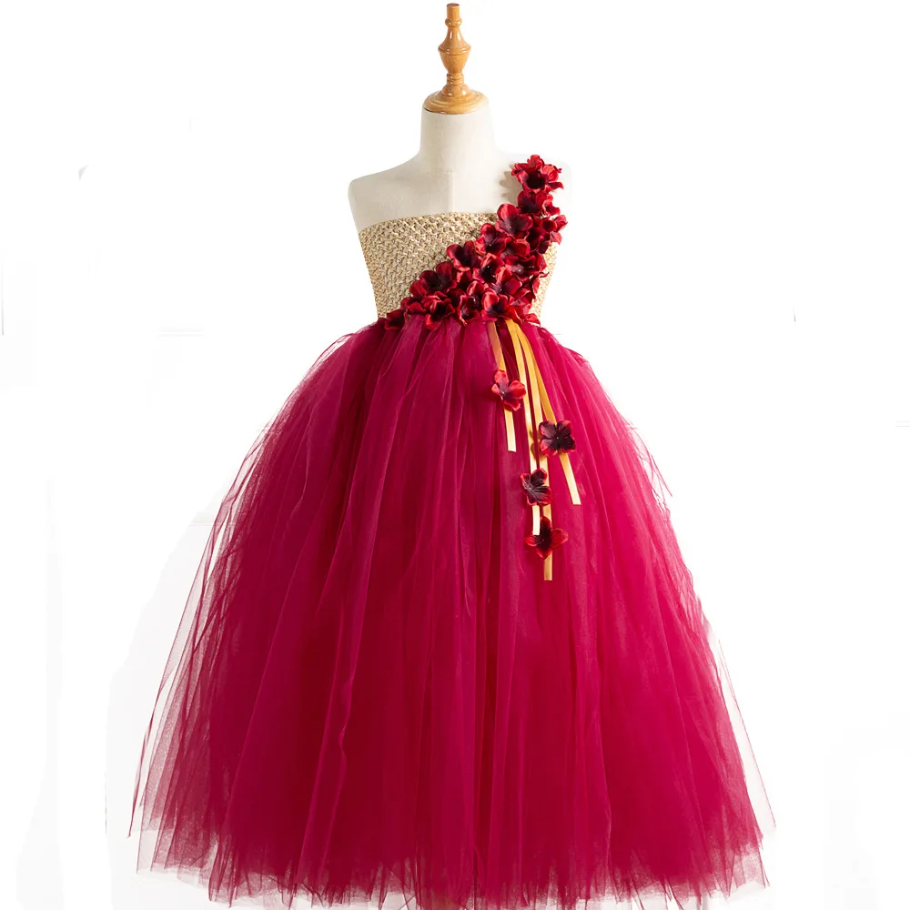 

POSH DREAM Vintage Beautiful Red Flower Girls Dresses Withe Flower Headband One Shoulder Flower Red Girls Wedding Party Clothes