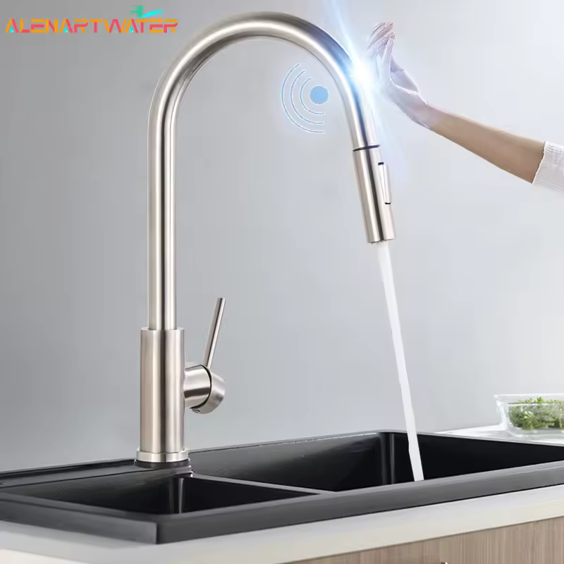 Torneiras de cozinha com sensor preto, aço inoxidável, indução inteligente, torneira misturada, alça única, controle de toque, rotação 360
