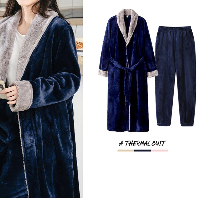 Men\'s Bathrobe Terry Female Casual Kimono Bathrobes Winter Flannel Long Robes Women Thick Warm Sleepwear Nightgown Male for Home