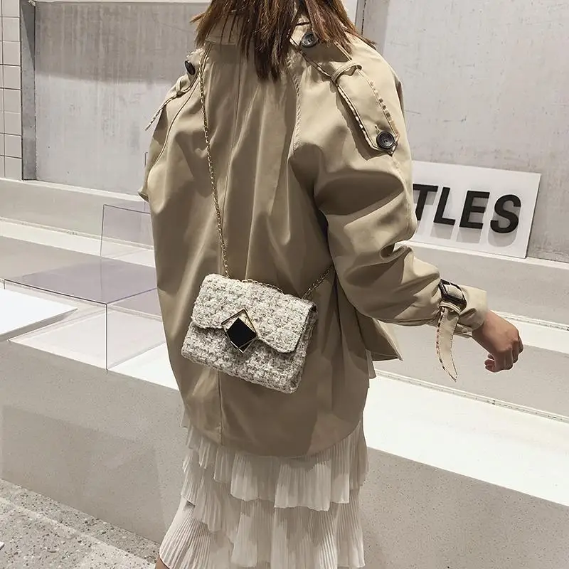 Women Crossbody Bags Woolen Patchwork Colorful Vintage Chains Shoulder Bag Students All-match Casual Handbags  Chic Ins