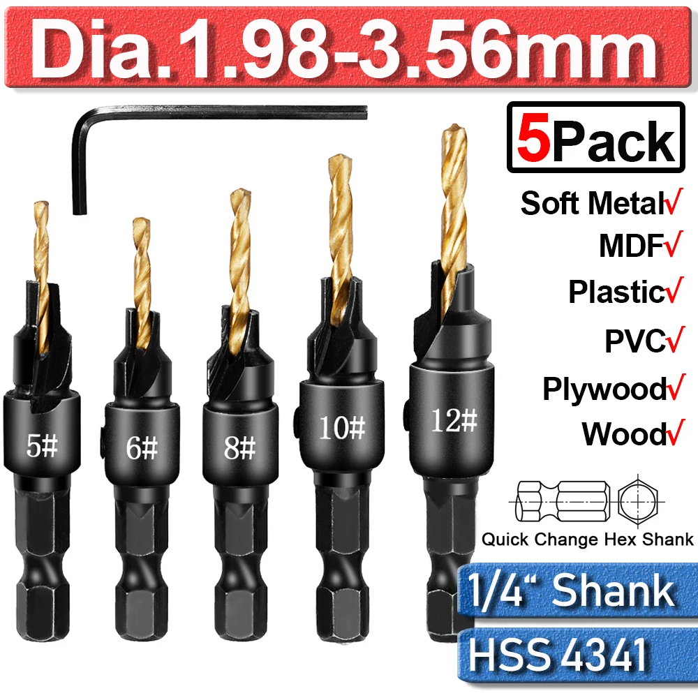 5Pcs 5 Flutes 6-12# Carpentry Countersink Drill Bit Set 1/4" Hex Shank HSS Woodworking Drill Bit Set Pilot Holes For Screw D40
