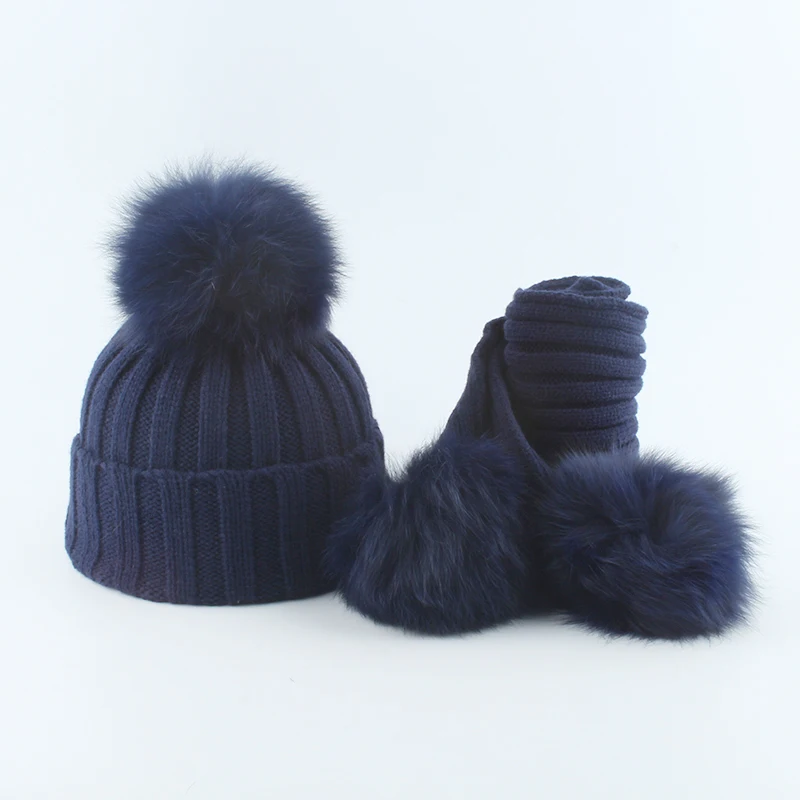 Gorro e cachecol para bebês, chapéu de inverno para meninos e meninas, pompom de pele real, tricô, 3 peças, chapéu de pompom