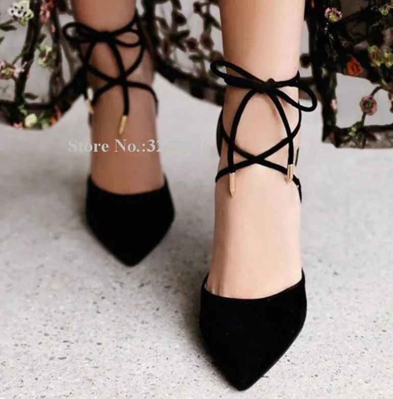 New Red Suede Lace-up Stiletto Heel Pumps Shoes Women Sexy Pointed Toe Cross-tied Black Beige High Heels Wedding Shoes Lady