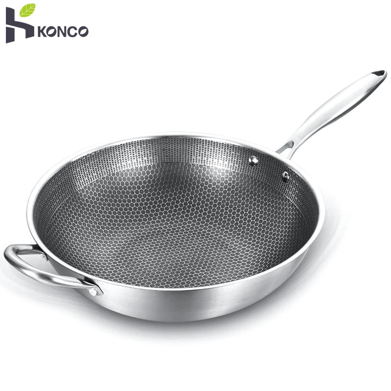 New Stainless Steel Wok Honeycomb Non-stick Pan Without Oil Smoke Frying Pan Wok, Gas and Induction Cooker Kitchen Tool