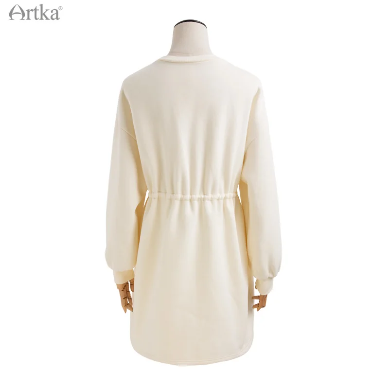 ARTKA 2021 Winter New Fashion Casual Letter Print Sweatshirt Dresses Long Sleeve Plus Velvet Midi White Dress Women ZA20118D