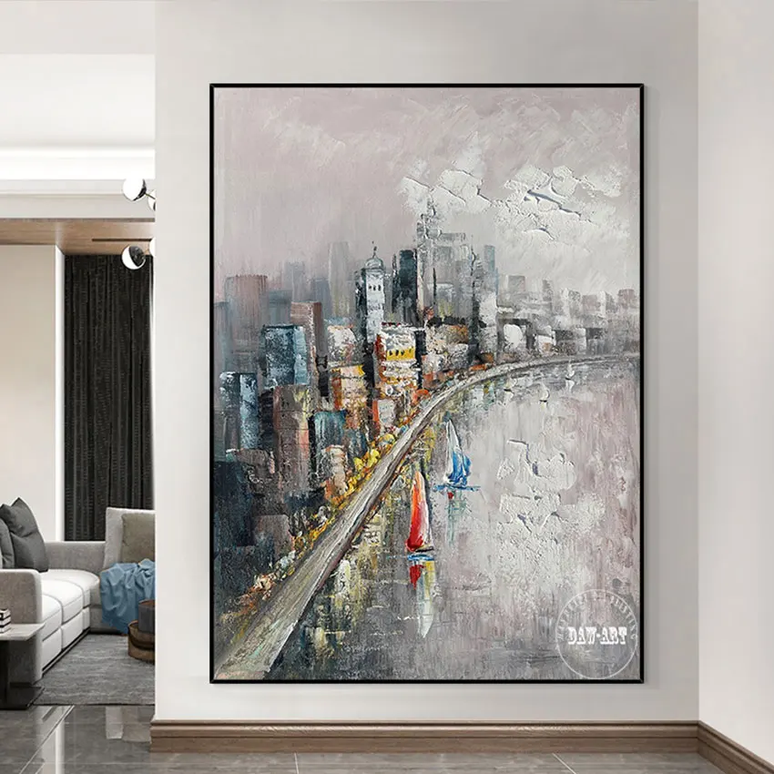 

Building Landscape Handpainted,Unframed Oil Painting on Canvas, Restaurant Wall Artwork, Abstract Large Modern Home Decoration