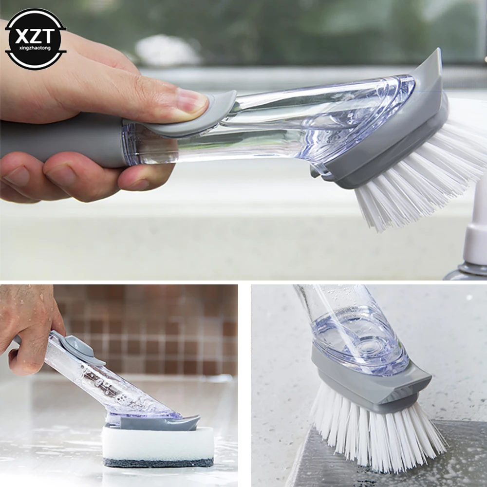 2In1 Long Handle Cleaning Brush with Removable Brush Sponge Dispenser Dishwashing Kitchen Cleaning Brush Brush Kitchen Tools