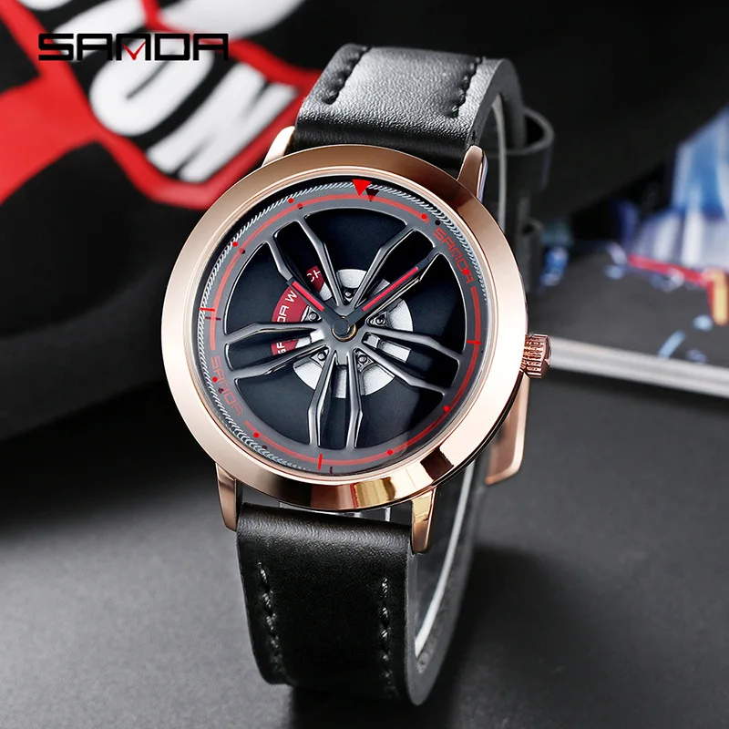 

Leather Band Fashion Men's Quartz Watches Simple Student Life Waterproof Sport Wristwatch Creative Spin Car Wheel Male Clock New