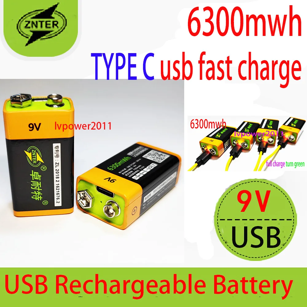 ZNTER 9v 6300mwh USB Rechargeable 9V 700mah Lipo Battery RC Battery For microphone  Camera Drone