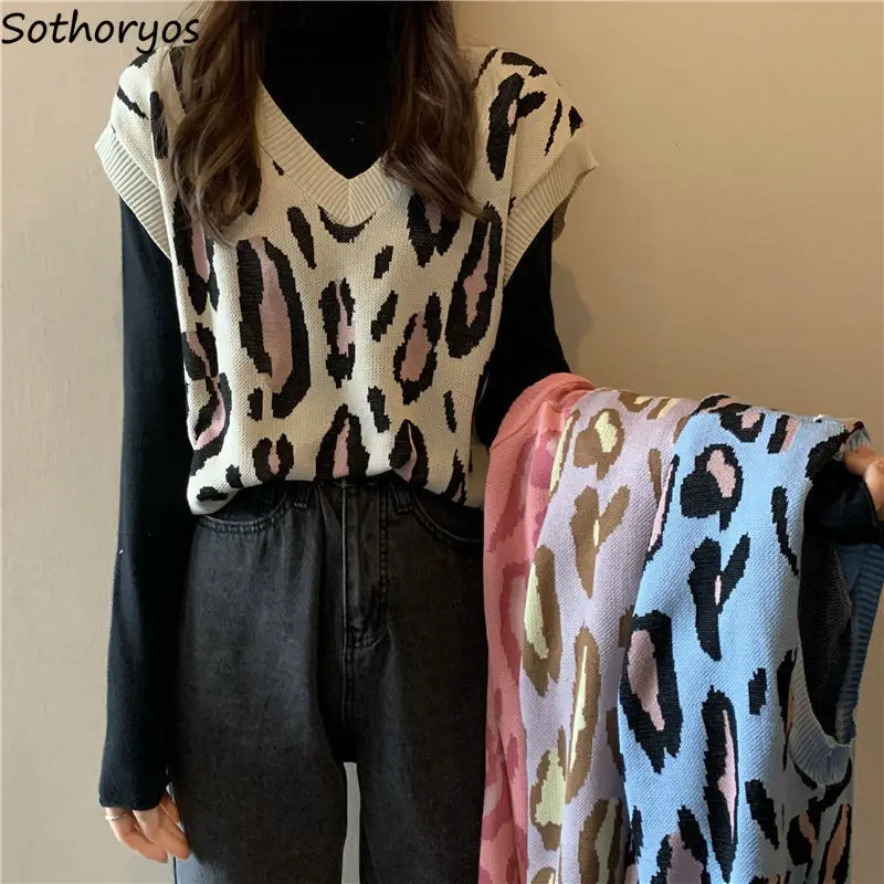 Leopard Sweater Vest Women Design All-match Sweet Knitted Cropped Sweaters Casual Streetwear Preppy Style Fashion Sleeveless Ins