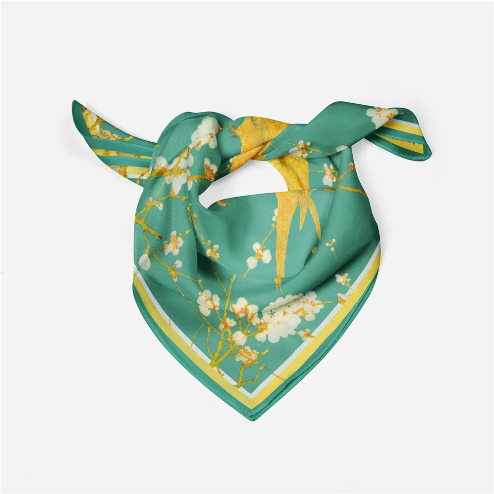 Twill Silk Scarf Woman Birds Painting Square Scarves Wraps Bandana Small Hijab Silk Foulards Tie Headband Neckerchief 53CM