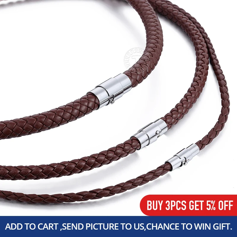 Mens Necklace Choker Brown Black Braided Cord Rope Artificial Leather Necklace For Men Stainless Steel Clasp 4/6/8mm LUNM09 image 2