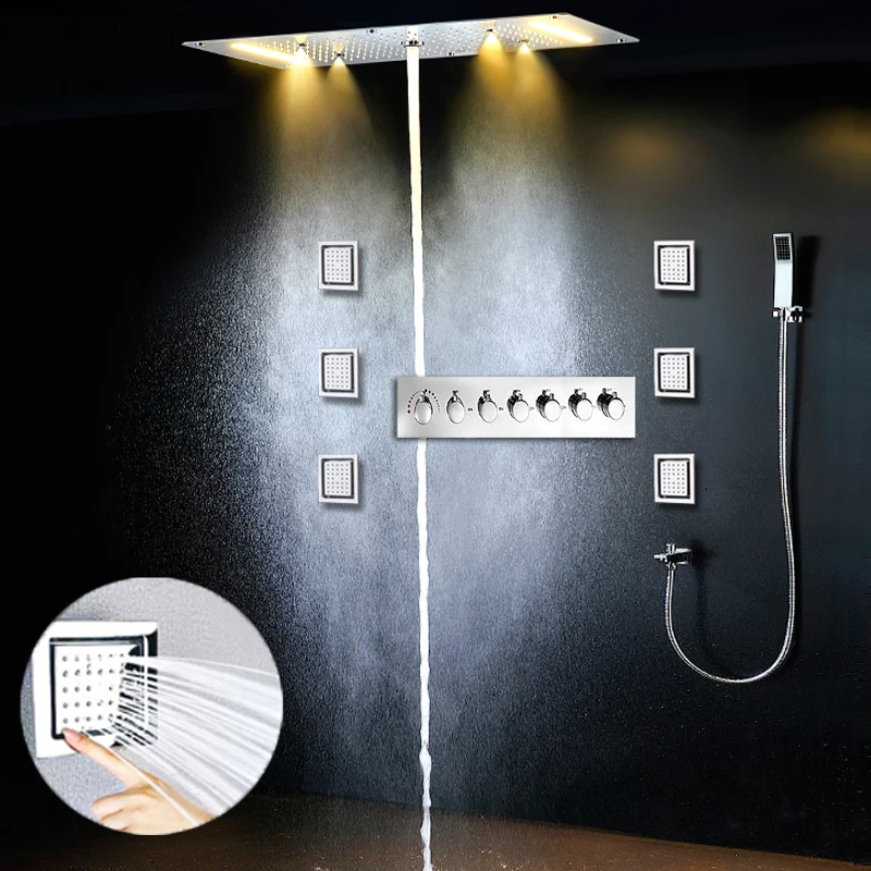 2024 Luxury Recessed Ceiling Large Rainfall Massage 4 functions Showerhead Column Misty Waterfall LED Thermostatic Mixer Set