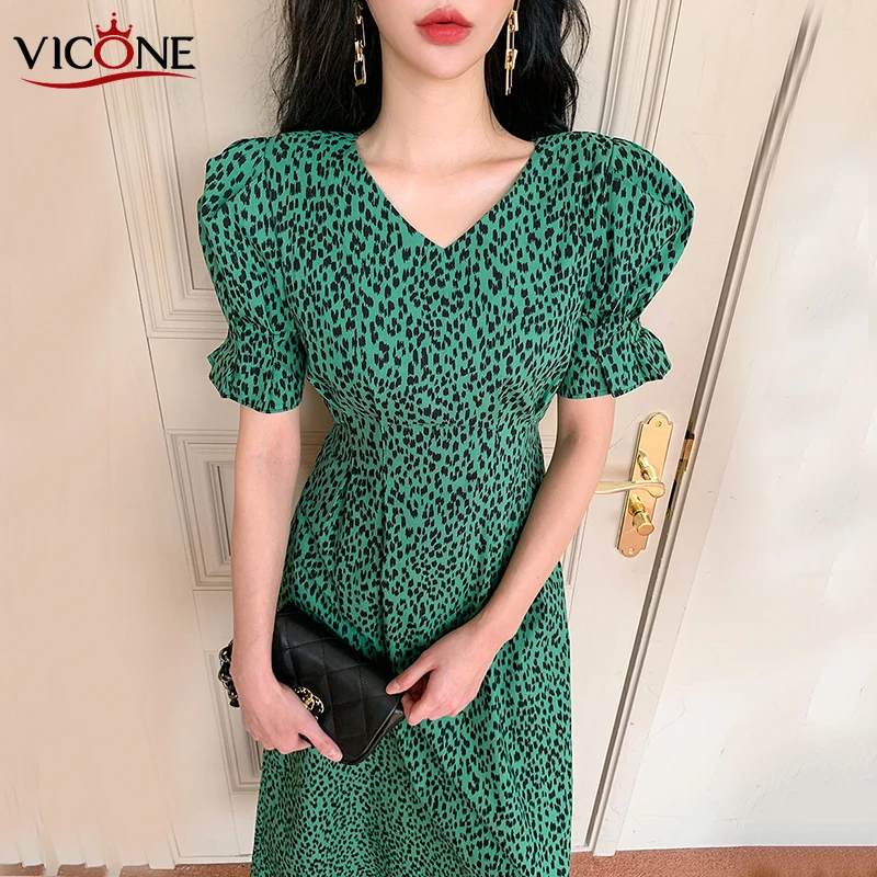 VICONE Chic Thin V-neck Waist Hugging Slim and Long Type over-the-Knee Puff Sleeve Leopard Print Floral Printed Dress