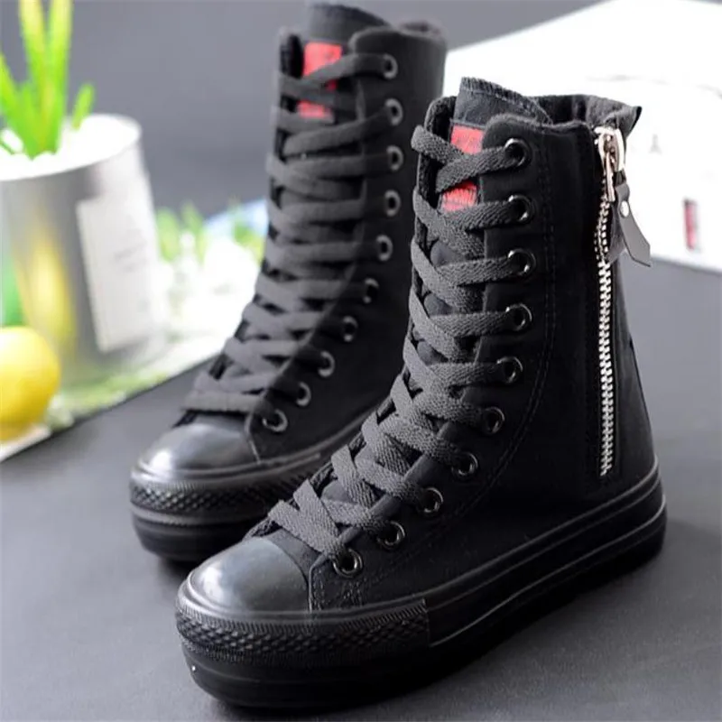 Women Sneakers High Top Flat Canvas Shoes With Zip Side Canvas Shoes Flat Woman Platform Leisure boots