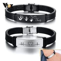 Vnox personalizado pulseiras de couro para homens mulheres, 12mm id pulseira de aço inoxidável, presente personalizado, masculino jóias casual