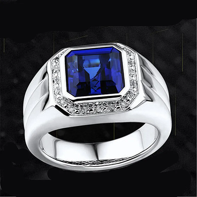 Bague de pierres précieuses de saphir de cristal bleu carré pour hommes, matiques de diamants, document en or blanc, bijoux à la mode, accessoires d'affaires