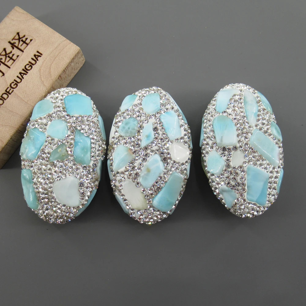 APDGG 1PC Natural Blue Larimar Pave Crystal Rhinestone Oval Shape Connector Spacer Bead For Making Bracelet necklace Jewelry DIY