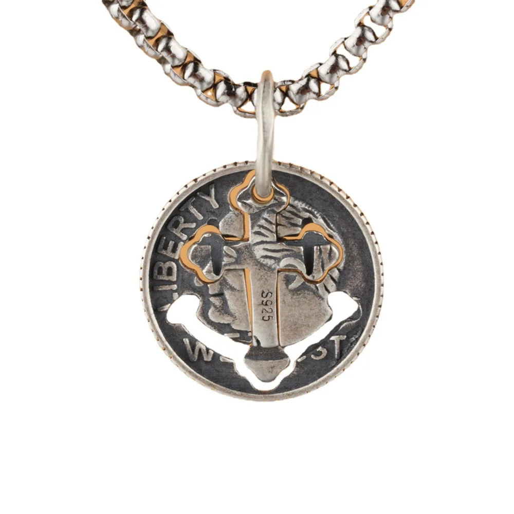 

Real S925 Silver Retro Cross Pendant Personality European and American Coin Pendant