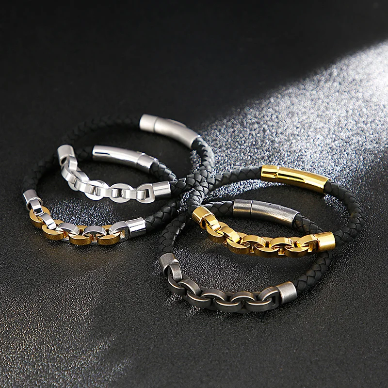 KALEN Fashion Multiple Color Stainless Steel Bracelets Men Black Cowhide Leather Charm Bangle Bracelet For Men Wristband Jewelry