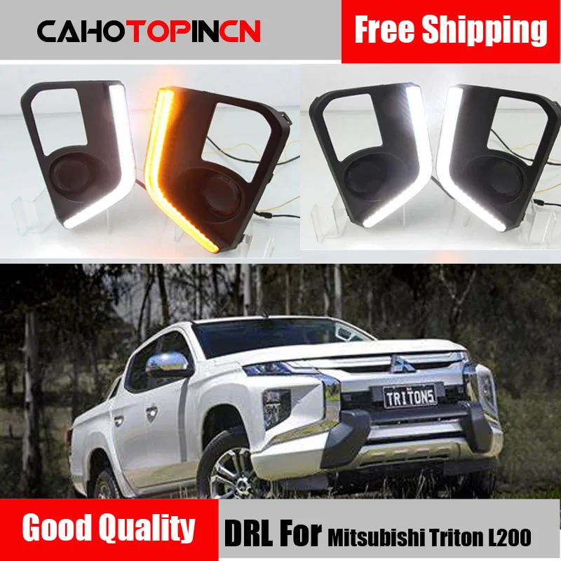 

DRL For Mitsubishi Triton L200 2019 LED Daytime Running Lights driving Fog Lamp Cover with Yellow Turn Signal Lamp style relay