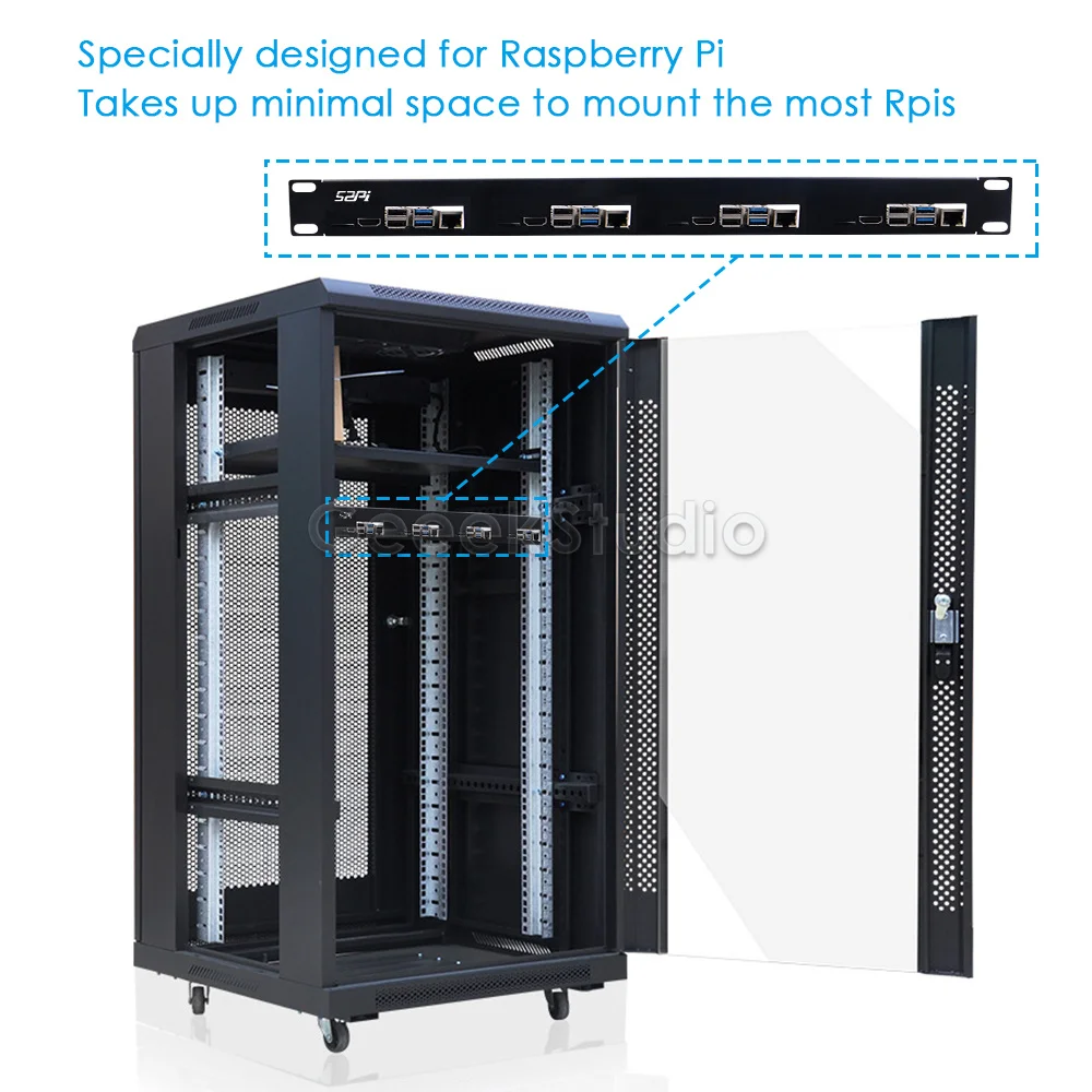 1U Rack Steel Bracket Kit For Raspberry Pi 4B Clusters 19 Inch 4 Slots Heatsinks TF Card to FPC Board Cooling Fan Cable