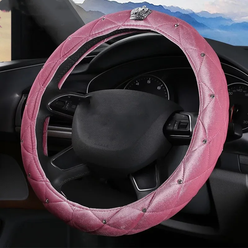Universal 38CM Steering Wheel Cover Plush Fluffy Warm Cover for Car SUV Luxury Crown Diamond Design Auto Interior Accessories