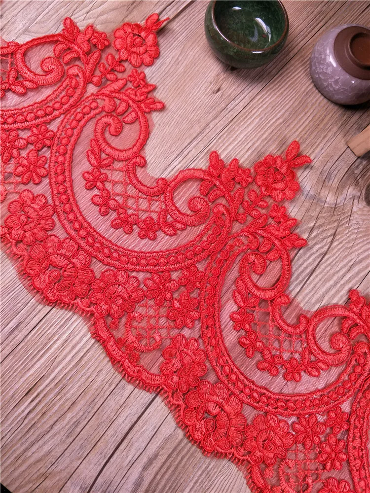 1Yard Ivory white Red Sequin Cording Fabric Flower Venise Venice Mesh Lace Trim Applique Sewing Craft for Wedding Dec. 20cm