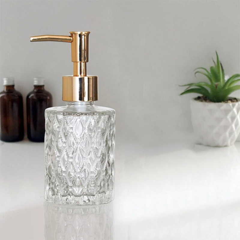 160ml Glass Hand Soap Dispenser with Press Pump Clear Diamond Design Refillable Lotion Liquid Refillable Empty Bottle for Kitche